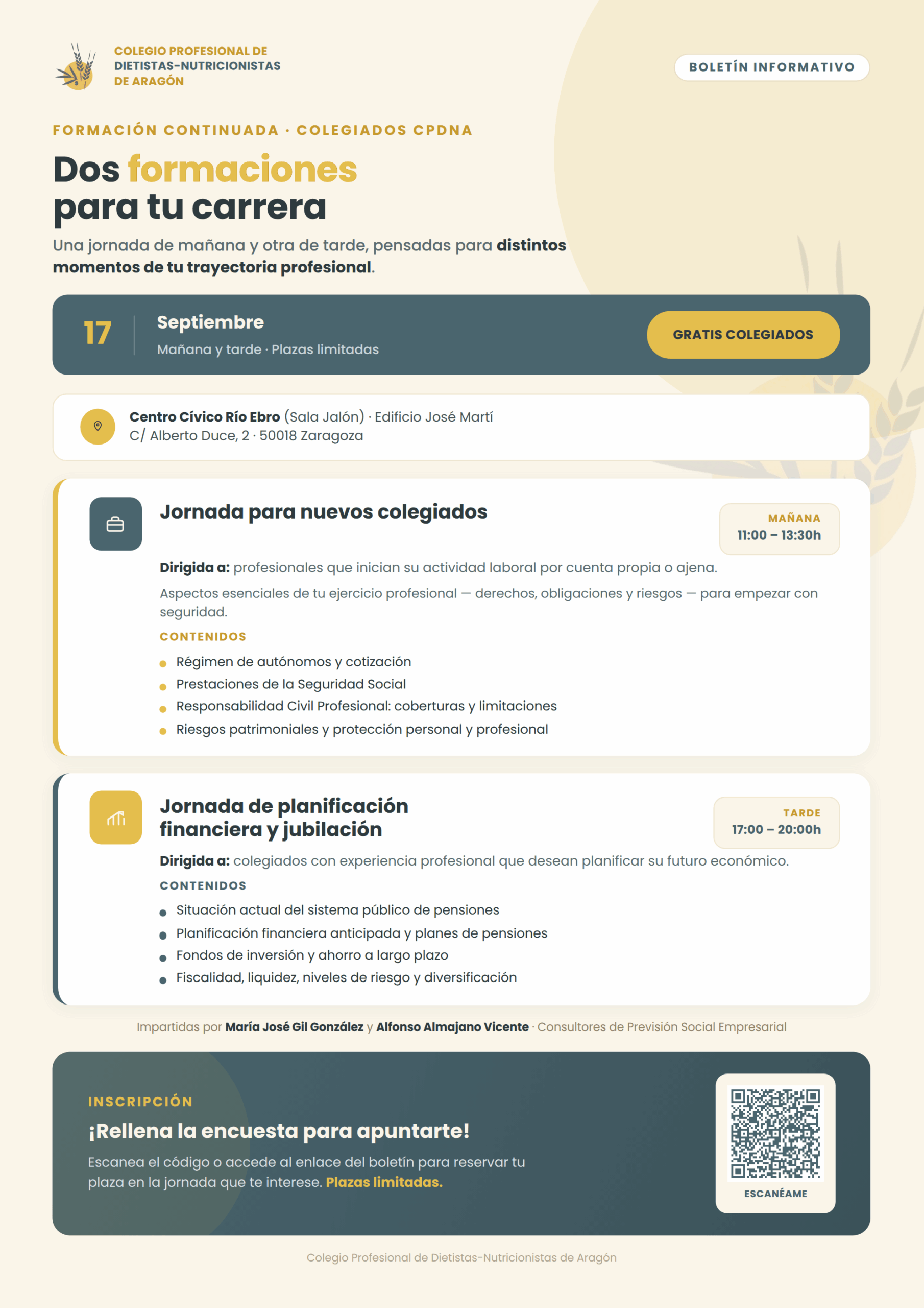 dos jornadas gratuitas para colegiados en el Centro Cívico Río Ebro